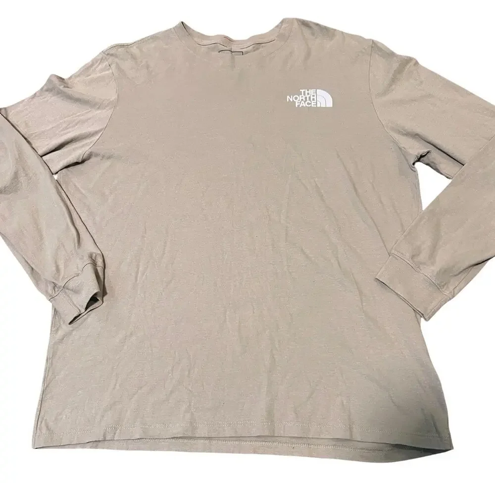 The North Face Mens XL Long Sleeve Shirt Beige Tan Logo Never Stop Exploring